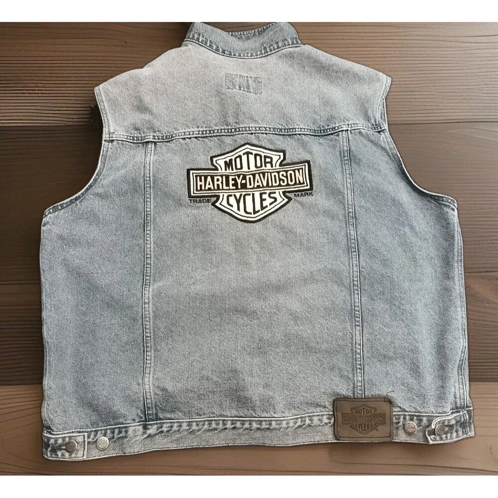 Vintage Harley Davidson Blue Jean Denim Vest Jacket Embroidered Logo Back XL